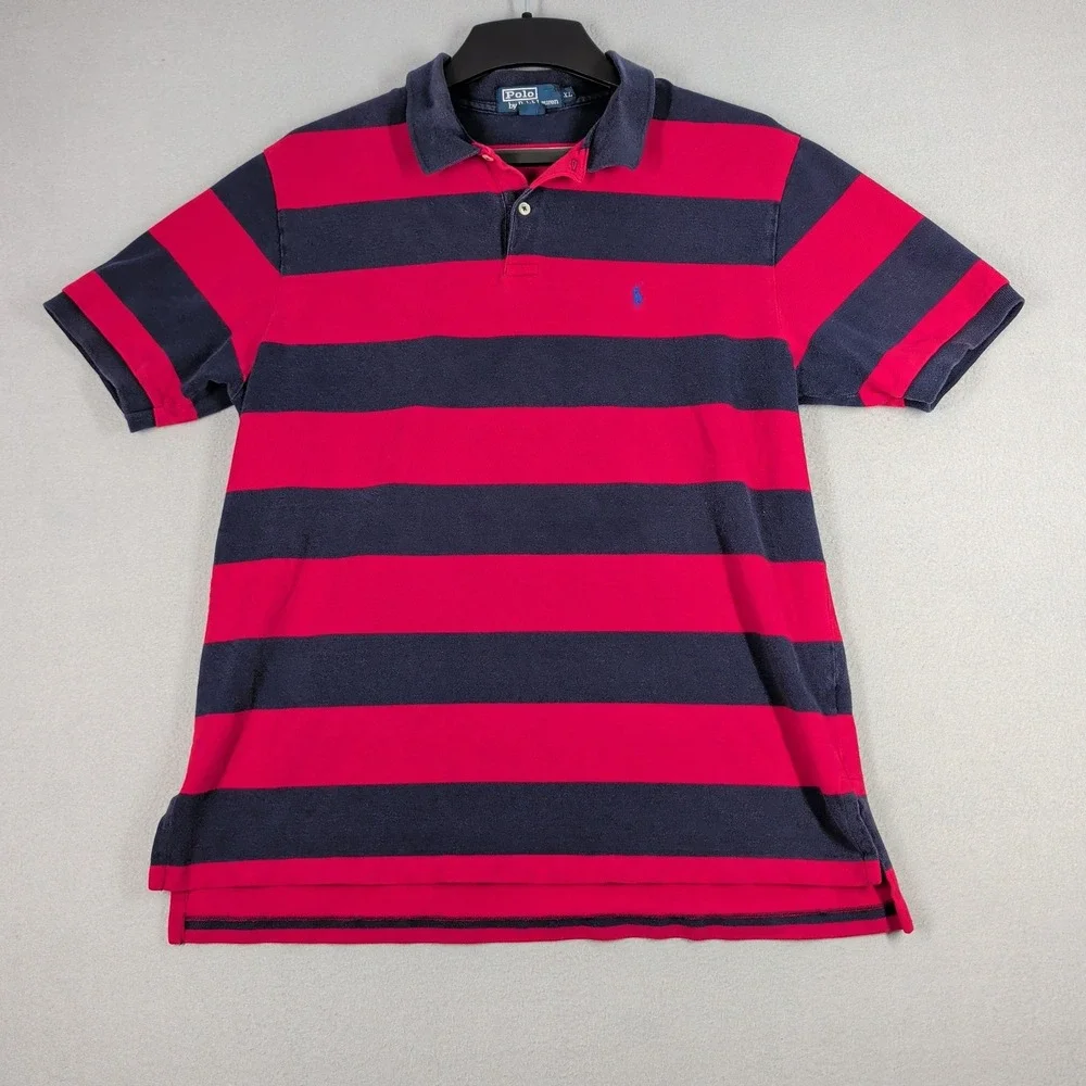 Polo Ralph Lauren Polo Shirt Mens‎ XL Red Navy Blue Striped Cotton Short Sleeve